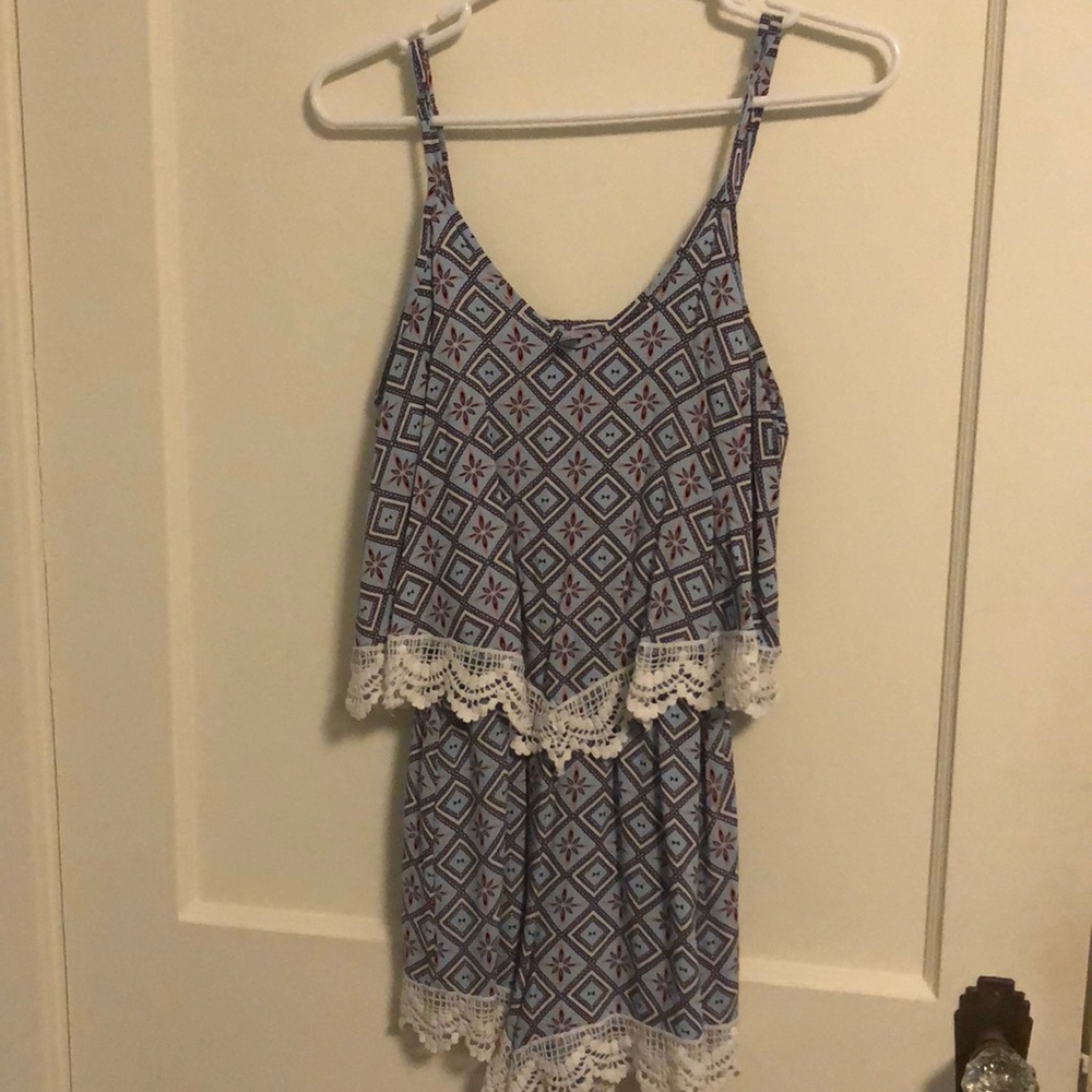 Blue, White, and Orange Romper With Lace Accents